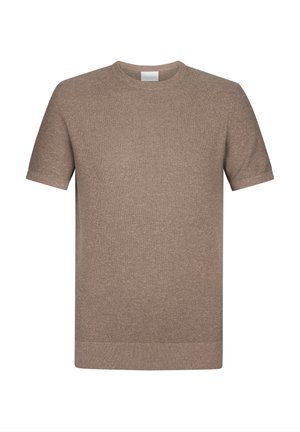 T-shirt marrone a maniche corte realizzata in tessuto testurizzato, con scollo tondo e un taglio semplice e dritto con orlo finito.