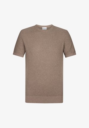 Brązowa koszulka z krótkim rękawem wykonana z teksturowanej tkaniny, z okrągłym dekoltem oraz prostym, prostym krojem i wykończonym dołem.