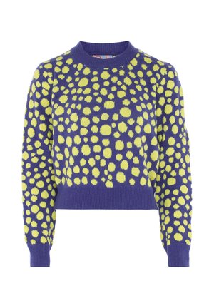 Lila gestrickter Pullover mit gelben Punkten, Rundhalsausschnitt, langen Ärmeln und gerippten Bündchen. Weicher Stoff mit einem verkürzten Design.