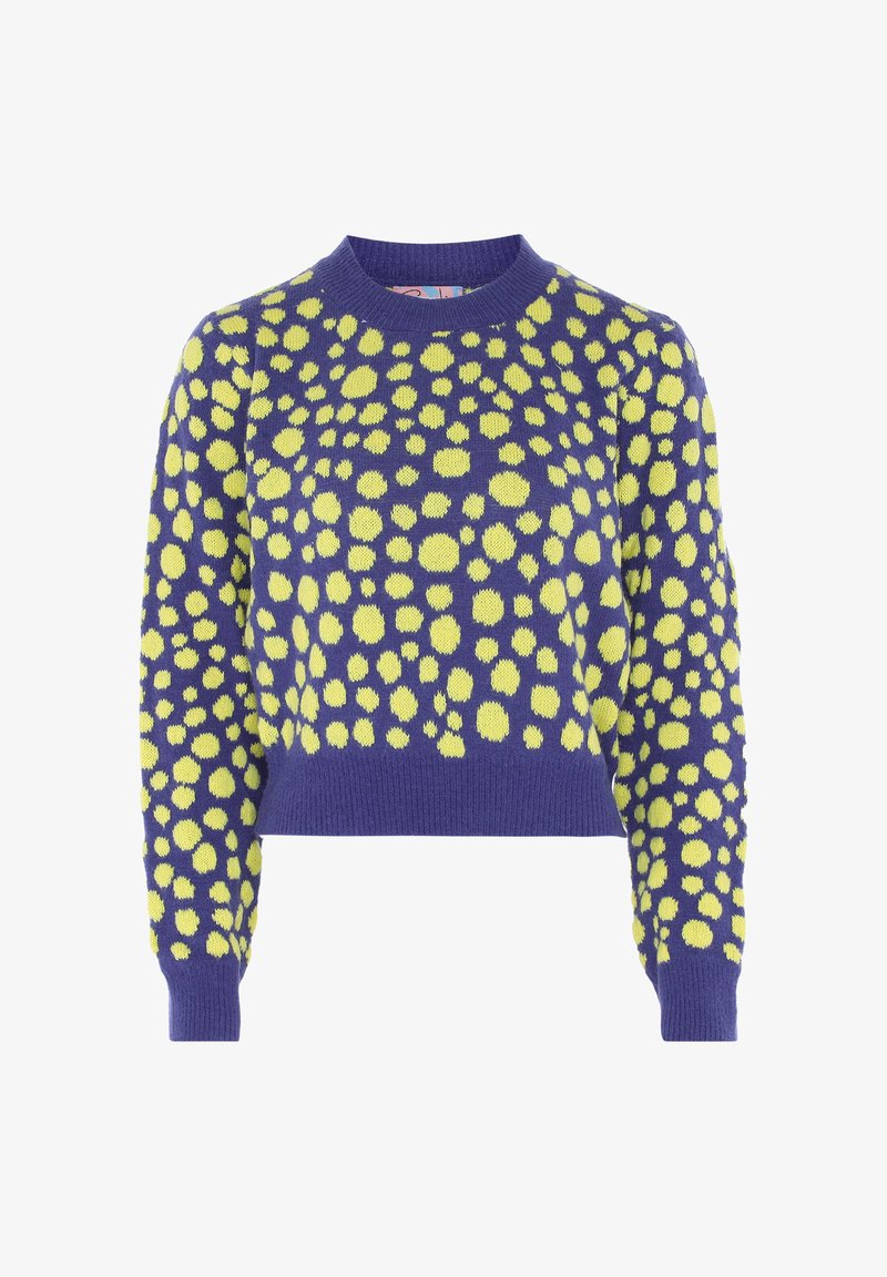 Lila gestrickter Pullover mit gelben Punkten, Rundhalsausschnitt, langen Ärmeln und gerippten Bündchen. Weicher Stoff mit einem verkürzten Design.