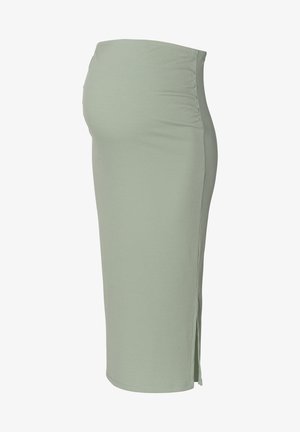 Spódnica ciążowa w jasnym zielonym prążkowanym materiale, midi z bocznymi rozcięciami i marszczeniami w talii dla wygody i dopasowania.