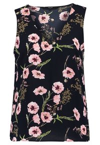 Haut sans manches avec col en V, tissu noir avec motif floral rose, accents verts et détails dorés, texture lisse et coupe décontractée.