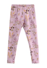 Rosa leggings med et blomstermotiv i lilla, gul og grøn, lavet i et blødt, strækbart stof og med en elastisk talje.