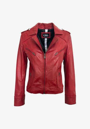 Rote Lederjacke mit Frontreißverschluss, zwei Brusttaschen mit Reißverschluss, zwei seitlichen Reißverschlusstaschen und einem Kragen mit Schulterklappen.