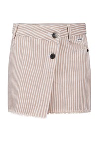 Gestreepte beige denim mini rok met een rafelige zoom, voorzien van een sluiting met twee knopen en een zijzak.
