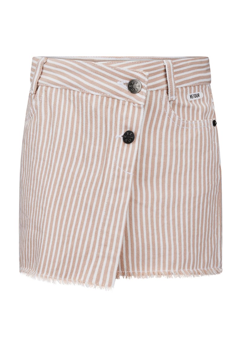 Gestreepte beige denim mini rok met een rafelige zoom, voorzien van een sluiting met twee knopen en een zijzak.