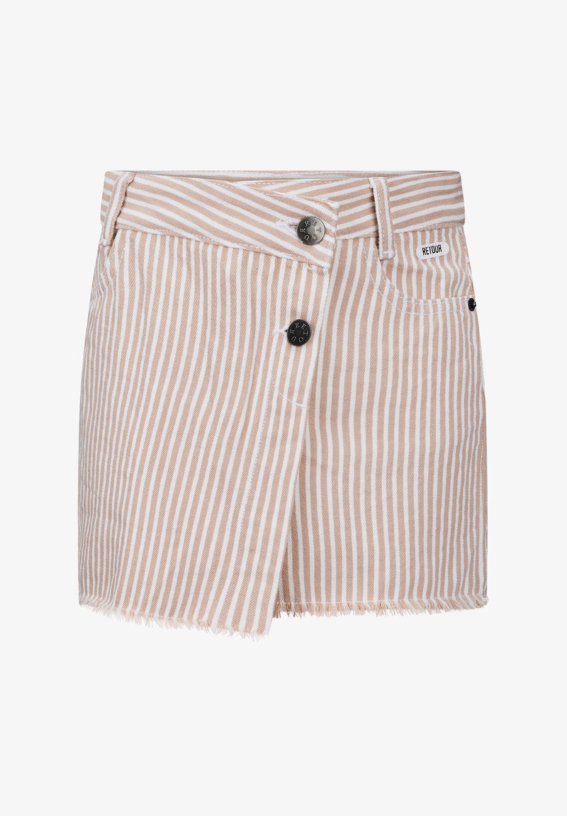 Gestreepte beige denim mini rok met een rafelige zoom, voorzien van een sluiting met twee knopen en een zijzak.