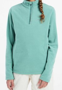 Pullover in pile di colore teal chiaro con colletto a mezza zip, maniche lunghe e tessuto testurizzato. Presenta un logo stampato sul davanti.