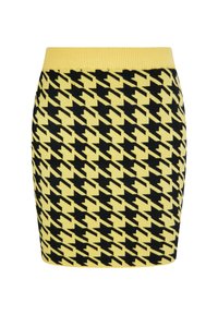 Neulottu mini-hame, jossa on keltamusta houndstooth-kuvio, ribbitetty keltainen vyötärö ja tiukka muotoilu.