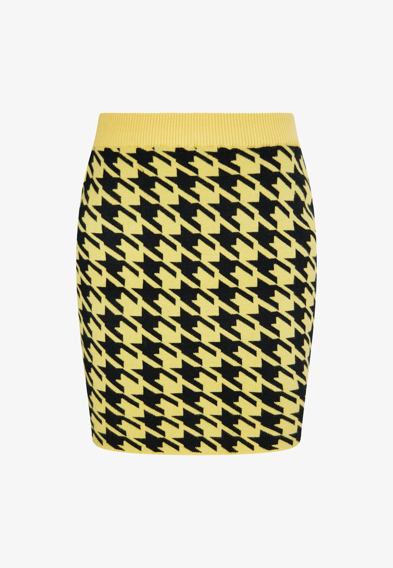 Gehaakte minirok met een geel en zwart houndstoothpatroon, een geribbelde gele tailleband en een aansluitend ontwerp.