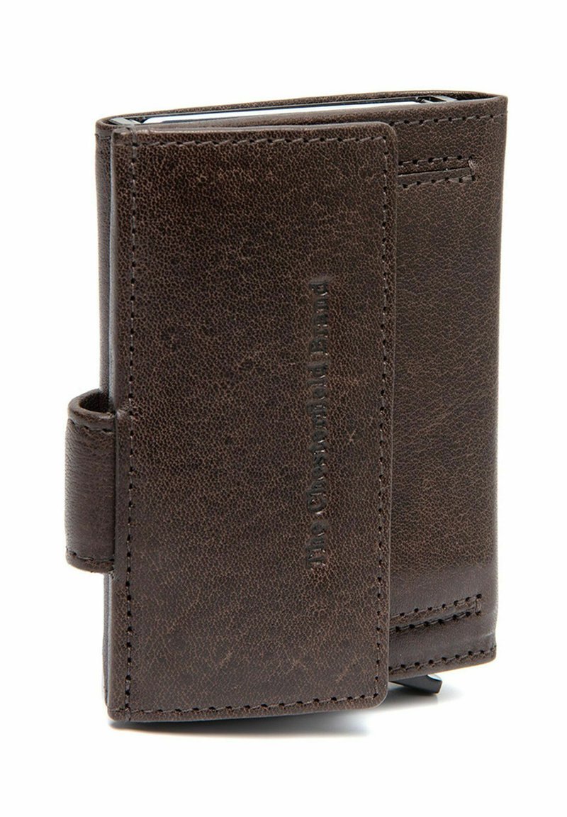 Brown leather wallet with a textured surface, featuring a side closure and embossed logo on the front. Compact rectangular shape.