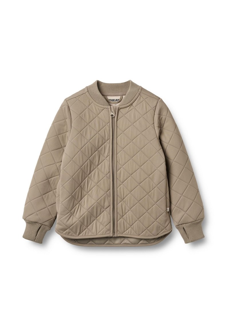 Kvältad beige jacka med dragkedja framtill, ribbade ärmslut och rund krage. Slät textur med ett diamantmönster genom hela.
