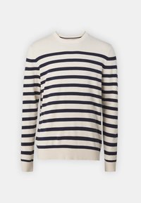 Maglione a righe in crema e blu navy, realizzato in tessuto morbido. Presenta maniche lunghe, scollatura rotonda e orlo e polsini a costine.