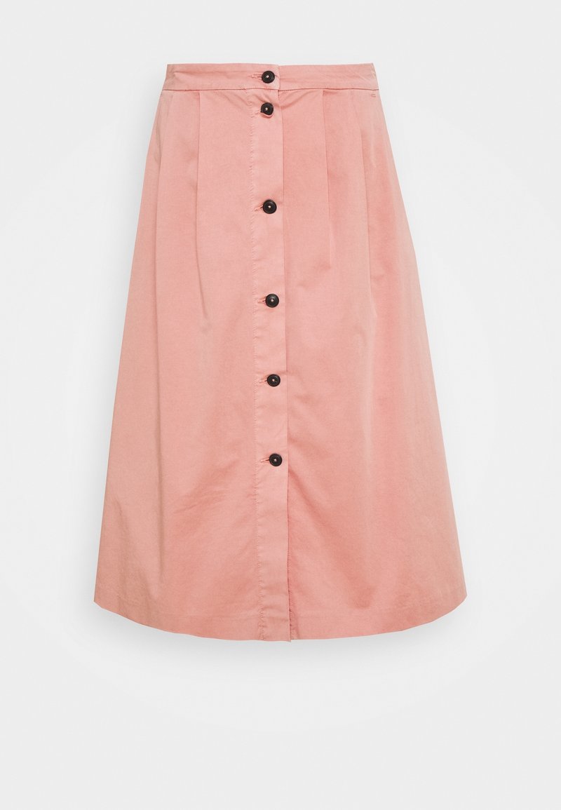 Jupe midi rose clair en forme A avec taille haute et boutons noirs sur le devant au centre, présentée sur fond blanc uni.