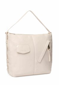 Borsa a spalla beige chiaro realizzata in materiale sintetico liscio. Presenta una forma rettangolare, chiusura con zip, tasca frontale e dettaglio con zip laterale.