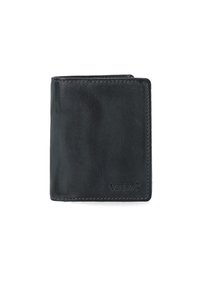 Sort læderpung med bi-fold design, glat tekstur, diskret syning og præget logo på den nederste forside.