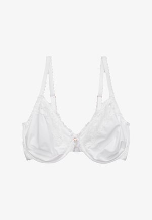 Valge kootud rinnahoidja pitsdetailidega ülaosas, sile kangas, reguleeritavad rihmad ja väike metallist aksessuaar esiküljel.