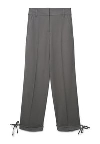 Pantaloni dritti grigi con tasche laterali, passanti per la cintura, orli risvoltati e lacci regolabili alle caviglie.