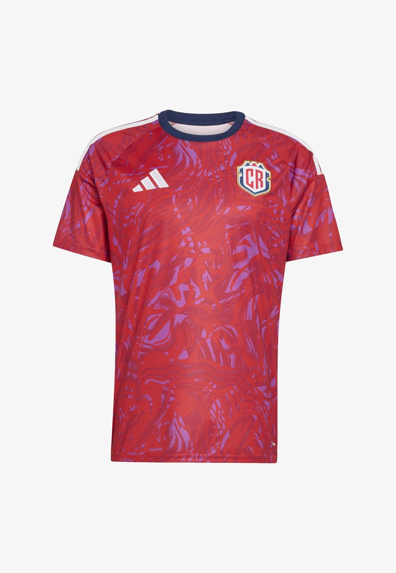 Rød fodboldtrøje med korte ærmer, der har et bølget mønster i mørkerøde og violette nuancer, med hvide Adidas-striber og et våbenskjold logo.