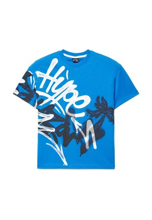 Maglietta a maniche corte di colore azzurro brillante con testo in stile graffiti bianco e nero e disegni di palme sulla parte anteriore e sulla manica sinistra.