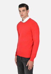 Maglione rosso lavorato a maglia con scollatura rotonda, maniche lunghe e orlo a coste. Abbinato a jeans scuri, presentato su uno sfondo semplice.