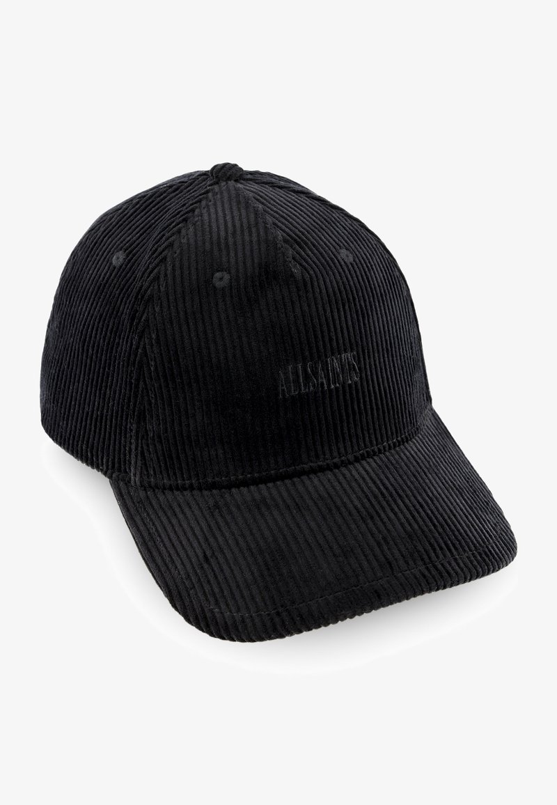 Casquette de baseball en velours côtelé noir avec une visière incurvée et un logo subtil "AllSaints" brodé sur le panneau avant.