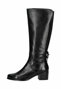 Botas de cuero negras hasta la rodilla con un acabado suave, un tacón cuadrado y una cremallera lateral. Presenta una hebilla decorativa en la parte posterior.