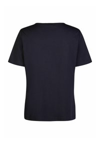 Marineblaues Baumwoll-T-Shirt mit kurzen Ärmeln, Rundhalsausschnitt und einem schlichten Design ohne sichtbare Muster oder Verzierungen.