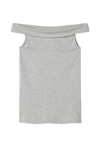 Grå av- skuldret topp med korte ermer, laget av mykt jersey-stoff. Har en avslappet passform og sømløs konstruksjon.