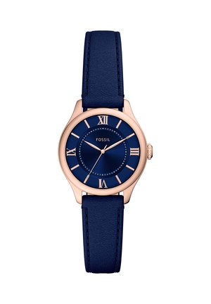 Roségold rundes Uhrengehäuse mit blauem Zifferblatt, römischen Ziffern, drei Zeigern und blauem Lederarmband. Markenname "Fossil" auf dem Zifferblatt.