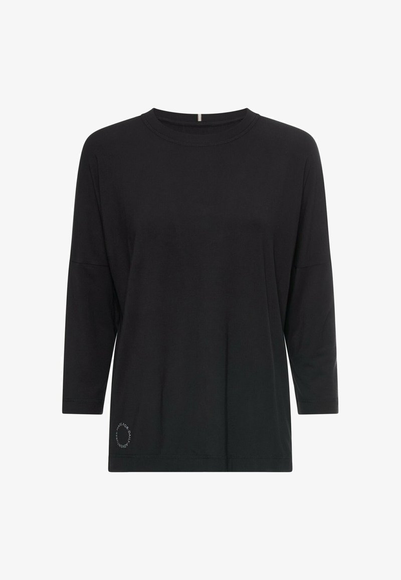 Czarny longsleeve t-shirt z miękkiego materiału, z okrągłym dekoltem i małym napisem na dolnym lewym boku.