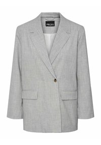 Jasnoszara marynarka z gładkiej tkaniny, z pojedynczym brązowym guzikiem, klapami z wycięciem oraz dwoma przednimi kieszeniami. Strukturalny, a jednocześnie swobodny krój.