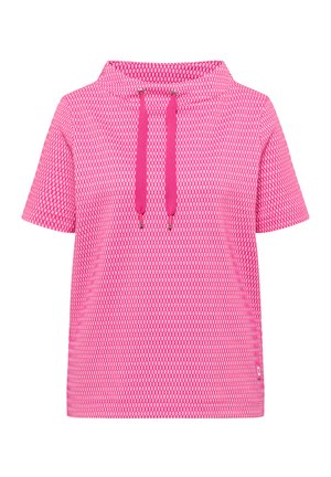 Sweat à capuche manches courtes rose avec un motif à carreaux texturé et deux cordons assortis au niveau de l'encolure.