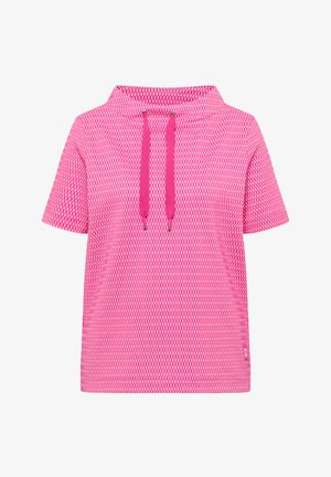 Sweat à capuche manches courtes rose avec un motif à carreaux texturé et deux cordons assortis au niveau de l'encolure.