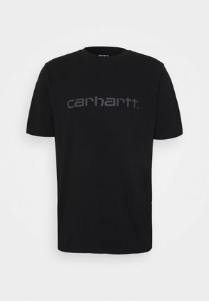 Sort Carhartt t-shirt med korte ærmer, rund halsudskæring og stor mørkegrå Carhartt logo tekst centreret på brystet.