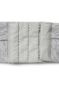 Cintura in tessuto grigio con molteplici ganci, texture piatta, bordi rinforzati e pannello laterale elastico per estensibilità. Cuciture visibili e dettagli metallici.