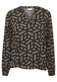 Blouse à manches longues en vert olive et noir avec un motif géométrique. Design décolleté en V, tissu doux et coupe ample pour le confort.