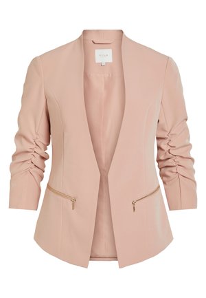 Helles rosa Blazer mit langen Ärmeln, das mit Raffungselementen und goldfarbenen Reißverschlusstaschen versehen ist. Offenes Frontdesign, aus einem glatten Stoff gefertigt.