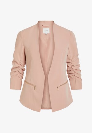 Helles rosa Blazer mit langen Ärmeln, das mit Raffungselementen und goldfarbenen Reißverschlusstaschen versehen ist. Offenes Frontdesign, aus einem glatten Stoff gefertigt.