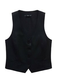 Veste noire cintrée avec col en V, quatre boutons sur le devant et deux poches passepoilées horizontales sur fond blanc.