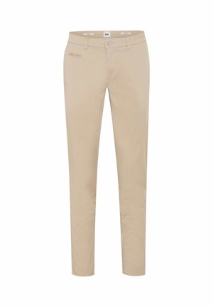 Pantaloni beige a taglio slim con passanti per cintura, chiusura frontale con bottone e zip, e una piccola tasca orizzontale con zip sul lato destro.