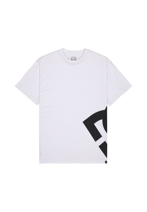 Weißes Baumwoll-T-Shirt mit kurzen Ärmeln, das unten rechts eine große schwarze Grafik zeigt. Weiche Textur, Rundhalsausschnitt, lässige Passform.