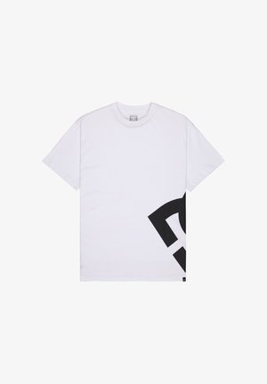 Biała bawełniana koszulka z krótkim rękawem, z dużą czarną grafiką u dołu po prawej stronie. Miękka w dotyku, z okrągłym dekoltem, luźny fason.