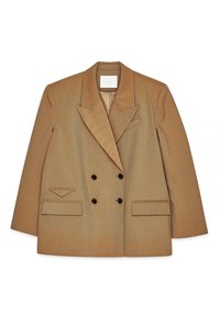 Double-breasted tan blazer with wide lapels, two front flap pockets, dark buttons, and a notched chest pocket on a white background.