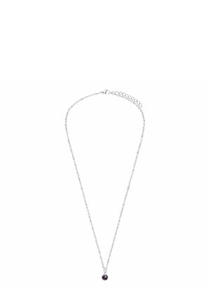 Collier en chaîne argentée avec un pendentif en pierre précieuse ronde de couleur violette. La chaîne est délicate avec des maillons et dispose d'un fermoir ajustable.