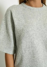 Light gray knit sweater with short raglan sleeves, crew neckline, and soft texture. Features a relaxed fit and a seamless design.