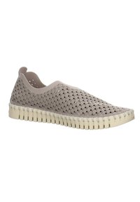 Sneaker slip-on grigio chiaro con tomaia in tessuto a motivi, suola beige con intaglio e cuciture decorative. Caratterizzato da un design traspirante e flessibile.
