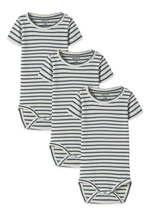 Drie korte mouw babyrompertjes met marineblauwe en witte horizontale strepen, elk met drukknoopjes aan de onderkant.