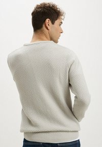 Maglione grigio chiaro con texture e motivo a nido d'ape, collo rotondo e orlo a coste; indossato al contrario, esponendo il tessuto testurizzato.