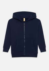 Felpa con zip di colore blu navy, dotata di tasca a marsupio, polsini a costine e cappuccio regolabile; realizzata in tessuto morbido per il massimo comfort.